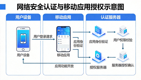 网络安全认证与移动应用授权示意图